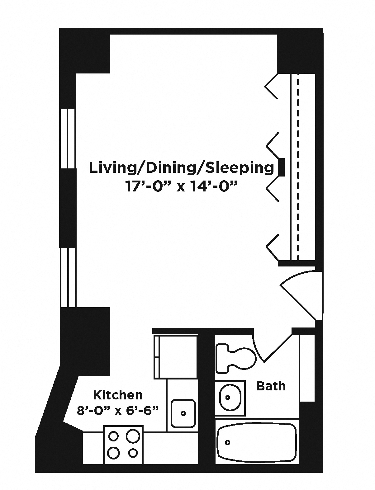 Floor plan for studio, 1 bath, 352 sqft